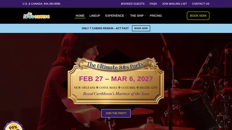 The 80s Cruise homepage with a gold sailing plaque over a drummer on a dark stage