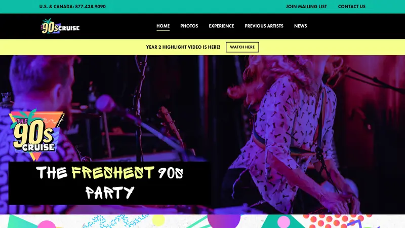 The 90s Cruise homepage with a neon concert photo and the words The Freshest 90s Party