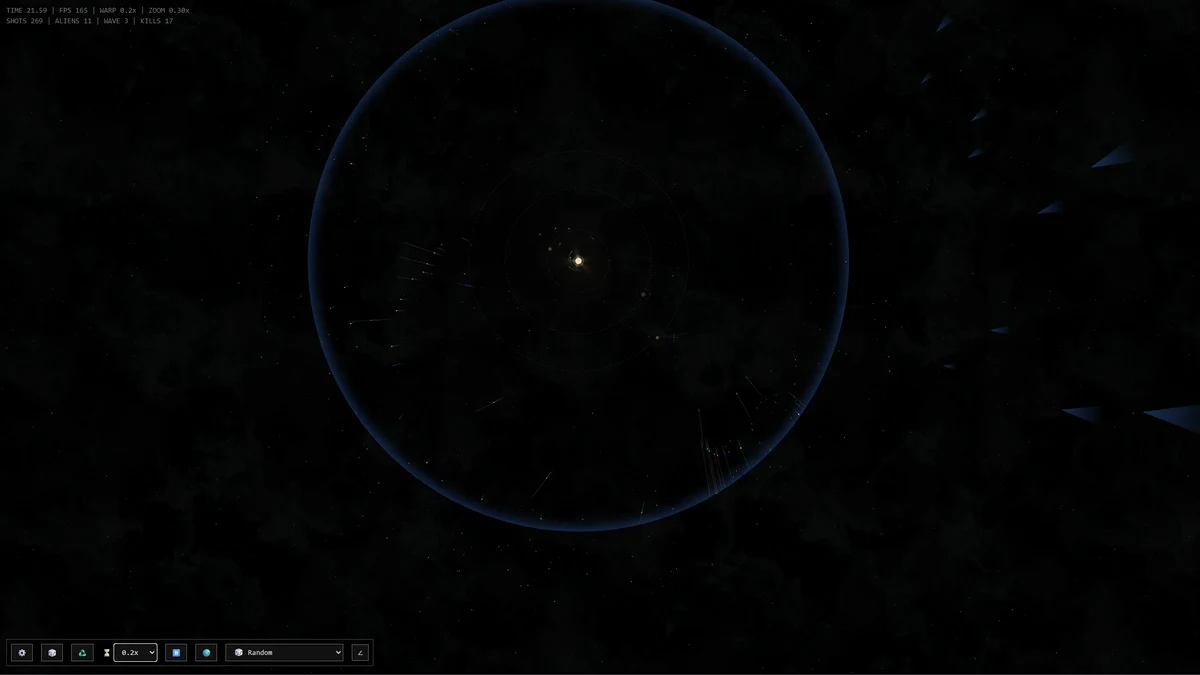 Artillery: a dark solar system inside a blue ring, with projectile trails and alien ships closing in