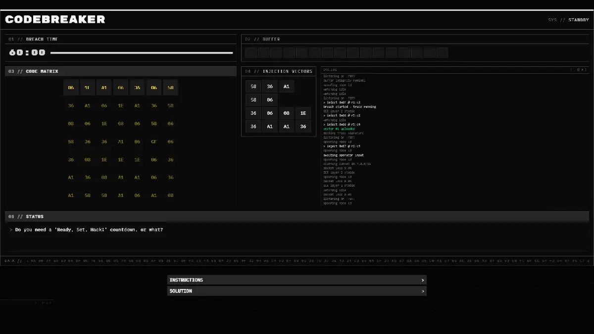 Codebreaker: a dark terminal with a hex code matrix, a 60 second breach timer, and injection vectors