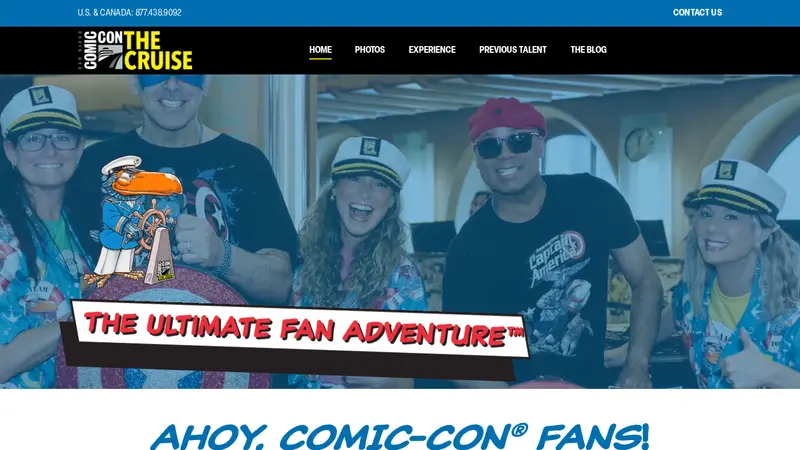 Comic-Con The Cruise homepage with fans in captain hats under a banner reading The Ultimate Fan Adventure