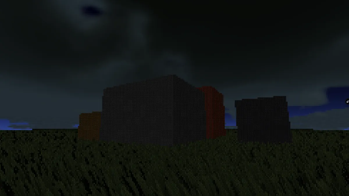 Glyphcast scene of blocky buildings and a field drawn as ASCII characters under a dark sky