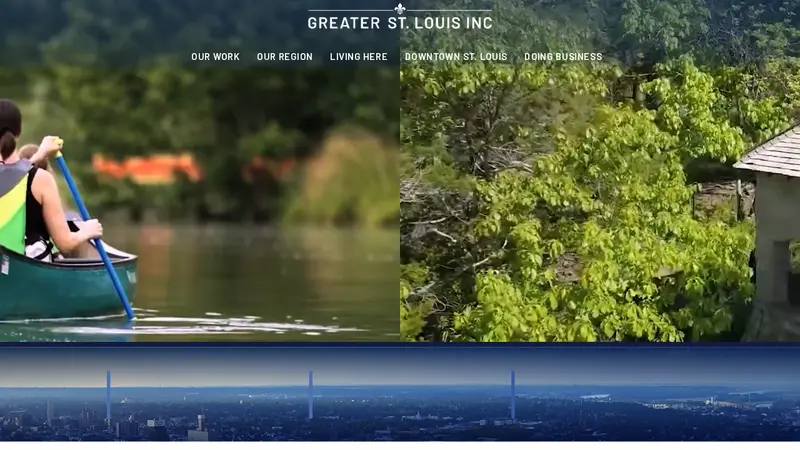 Greater St. Louis Inc homepage with the logo over a river and forest video