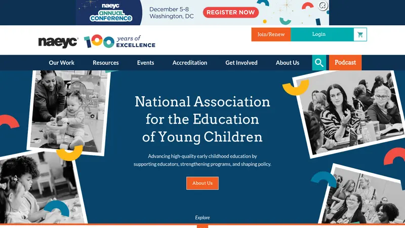 NAEYC homepage with the association name, educator photos, and a conference banner