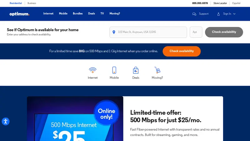 Optimum homepage with an address availability checker and a 500 Mbps offer