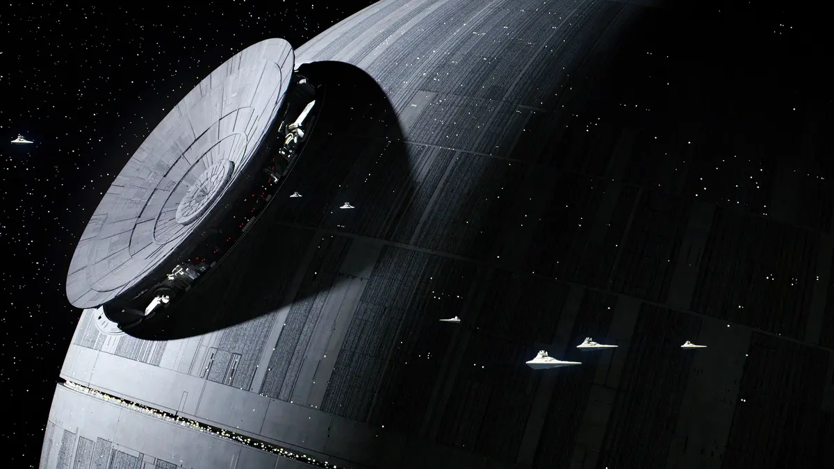 ominous death star with star destroyers nearby