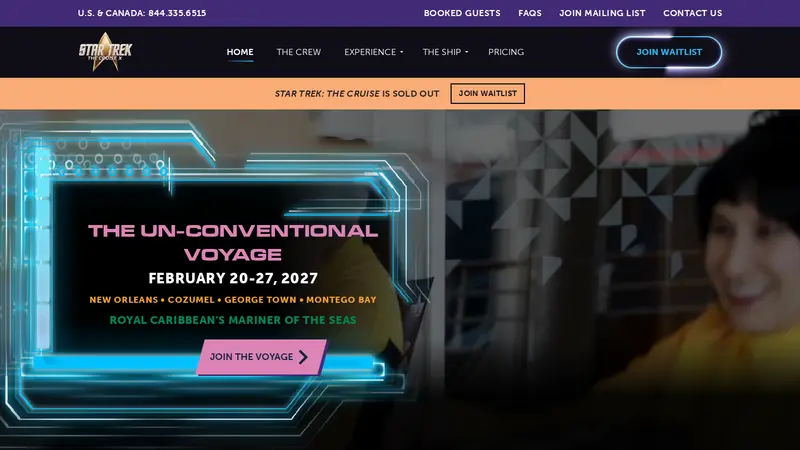 Star Trek The Cruise homepage with a neon plaque for the February 2027 voyage